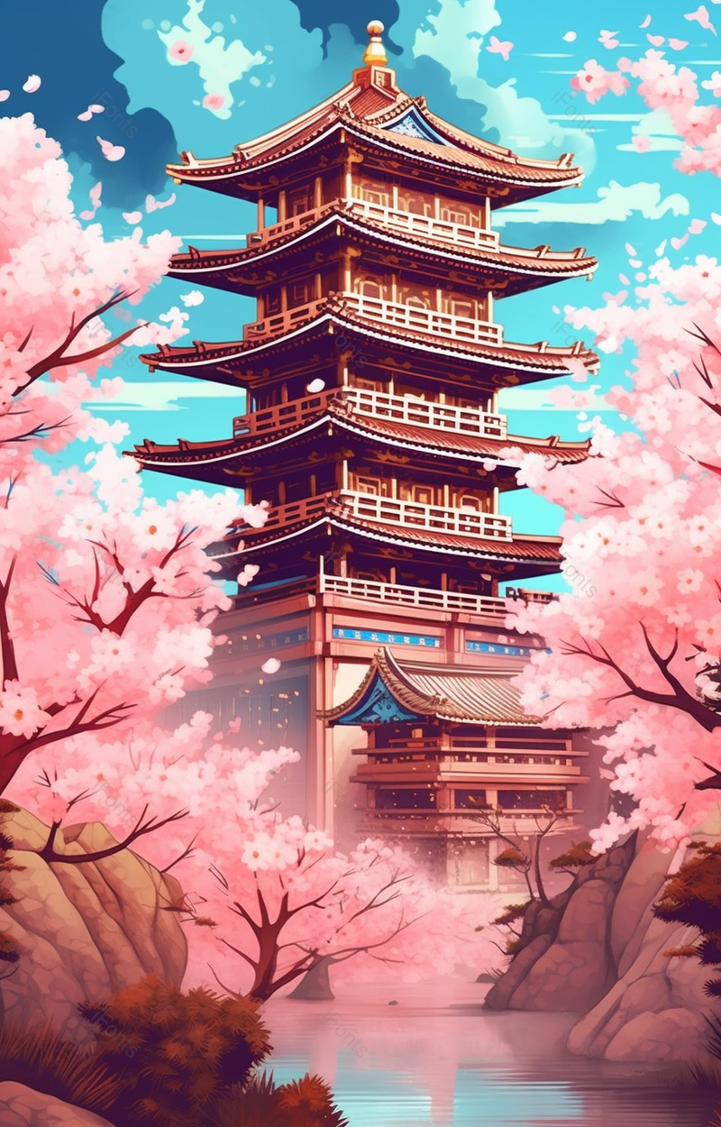 蓝天白云下高层古风建筑水面粉色桃花盛开花瓣飞舞插画,插画/手绘图,插画/手绘图库,插画/手绘图下载,插画/手绘